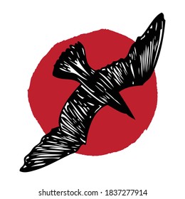 Minimalistic nautical design of ocean emblem with seagull bird at sunset. Stroke silhouette of flying sea gull bird on coast sun set. Concept of tropical exotic nature seascape, Sail tourism. Vector. 