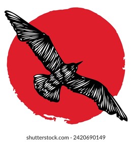 Minimalistic nautical design of ocean emblem with seagull bird at sunset. Stroke silhouette of flying sea gull bird on coast sun set. Concept of tropical exotic nature seascape, Sail tourism. Vector. 