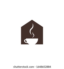 Minimalistic negative space cup logo design concept with coffee or tea cup inside a brown house. Coffee or tea shop, restaurant or store branding