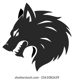 Minimalistic negative space logo design featuring the silhouette of an angry wolf. The artwork emphasizes clean lines and sharp edges, showcasing the wolf’s fierce and determined expression. 