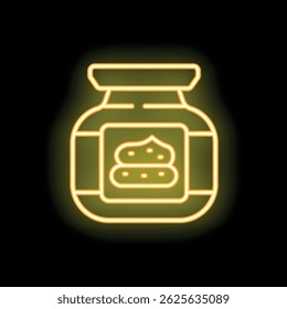 Minimalistic neon icon of peanut butter jar glowing on black background