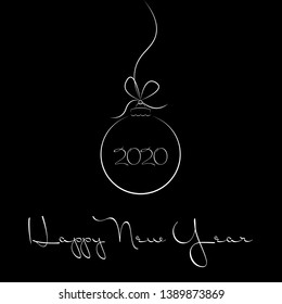 Minimalistic New Year 2020 line design of background, banner, cover, greeting card, invitation, flyer, poster. Silhouette Christmas ball and inscription Happy New Year 2020. 3D vector illustration.