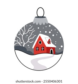 Minimalistic New Year's ball in Scandinavian style in gray colors. Red house on a winter landscape.