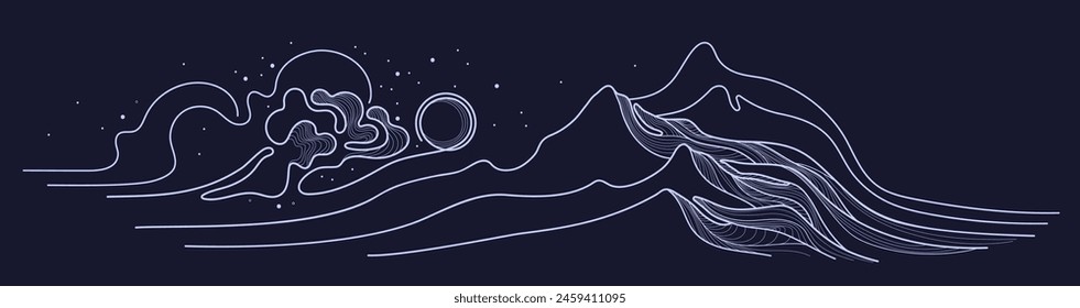 Minimalistic night landscape with art mountain, moon, texture cloud. Vector nature abstract relief in line style. Adventure sports and hiking tourism vintage design