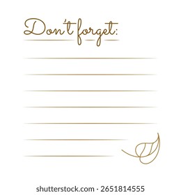 Minimalistic notepad template. Printable square memo sheet with hand-drawn leaf and lined structure