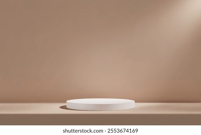 Minimalistic nude beige background with a white podium and table . For product display, branding, and presentations with a clean, modern aesthetic