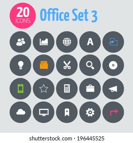 Minimalistic office 3 icons, on dark gray circles