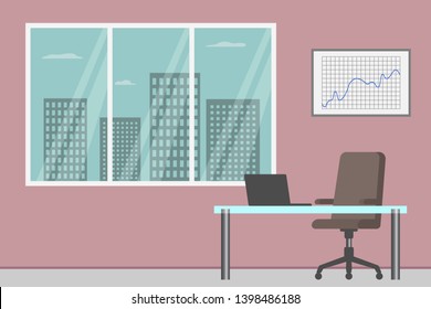 Minimalistic office interior with pink wall. Vector illustration.
