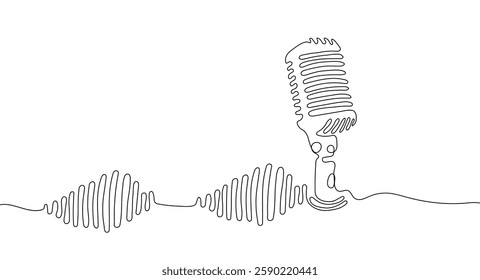 Minimalistic one continuous line drawing of a microphone with musical harmonics