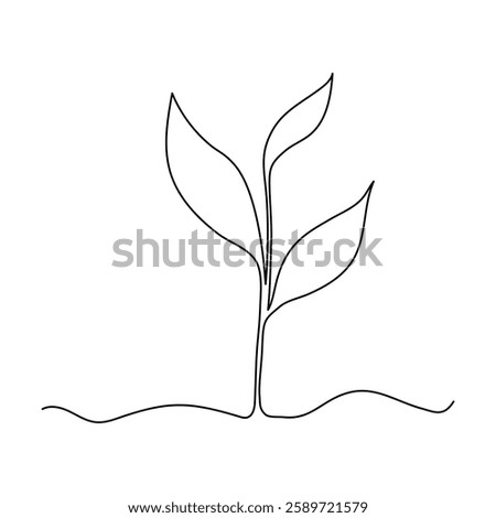 Minimalistic one continuous line young sprout growing from the ground. Vector illustration