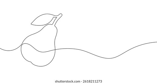 Minimalistic one line art illustration of a pear with a leaf, drawn in black on a clean white background. Continuous line drawing of pear fruit. Vector illustration