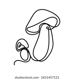Ilustração minimalista de uma linha de arte de cogumelos em preto sobre fundo branco. Perfeito para designs de outono, cartazes, impressões, embalagem, cartões de saudação, tecido, têxteis de cozinha e scrapbooking.