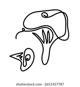 Ilustração minimalista de uma linha de arte de cogumelos em preto sobre fundo branco. Perfeito para designs de outono, impressões com temas florestais, cartazes, têxteis de cozinha, embalagem, cartões de felicitações