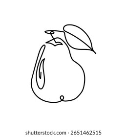 Minimalistic one line art illustration of a pear with leaf in black on white background. For autumn designs, food-themed prints, kitchen textiles, posters, packaging, greeting cards, and scrapbooking.