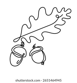 Minimalistic one line art illustration of an oak leaf and two acorns in black on white background. For autumn designs, nature-inspired prints, packaging, greeting cards, fabric, and scrapbooking.