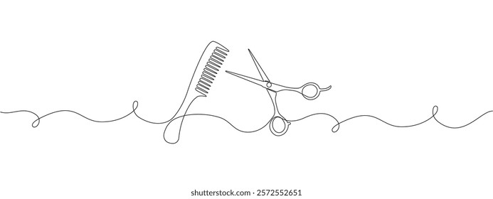 Minimalistic one line drawing of scissors and comb for web banners or hair salon symbols. Editable stroke. Vector doodle illustration .