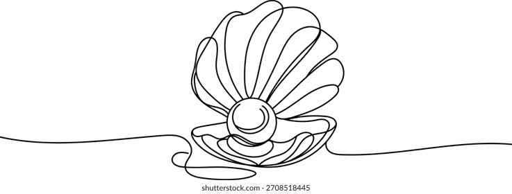 Ilustração minimalista de uma linha de uma concha aberta com uma pérola. Arte em linha contínua perfeita para logotipos, impressões, embalagens e designs modernos.