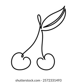 Minimalistic One-Line Cherry Illustration with Leaf on a White Background