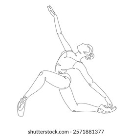 A minimalistic one-line drawing of a ballerina performing a graceful pose, depicted on a white background, delicate continuous line