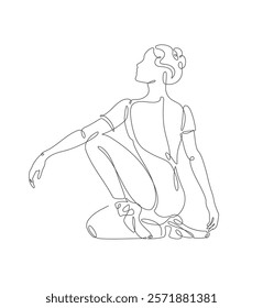 A minimalistic one-line drawing of a ballerina performing a graceful seated pose, depicted on a white background, delicate continuous line