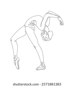 A minimalistic one-line drawing of a ballerina performing a graceful standing pose, depicted on a white background, delicate continuous line