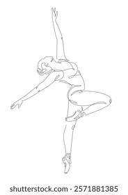 A minimalistic one-line drawing of a ballerina performing a graceful arabesque, one leg standing pose, depicted on a white background, delicate continuous line