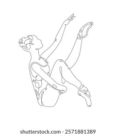 A minimalistic one-line drawing of a ballerina performing a graceful seated pose, depicted on a white background, delicate continuous line