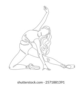 A minimalistic one-line drawing of a ballerina performing a graceful pose, depicted on a white background, delicate continuous line