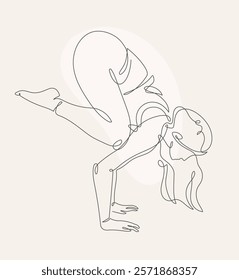 A minimalistic one-line drawing of a beautiful woman in the crow yoga pose against a beige background, featuring continuous soft curves and elegant simplicity