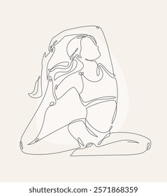 A minimalistic one-line drawing of a beautiful woman in the king pigeon yoga pose against a beige background, featuring continuous soft curves and elegant simplicity