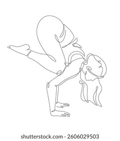 A minimalistic one-line drawing of a beautiful woman in the crow yoga pose, white background, continuous soft curves and elegant simplicity, vector illustration