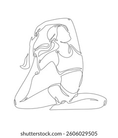 A minimalistic one-line drawing of a beautiful woman in the king pigeon yoga pose, white background, continuous soft curves and elegant simplicity, vector illustration