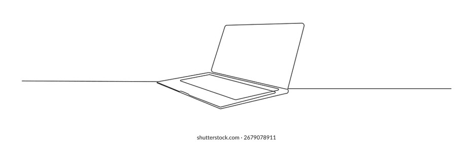 Um desenho minimalista de uma linha de um laptop em uma mesa. Perfeito para tecnologia, design ou conceitos criativos.