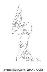 A minimalistic one-line drawing of a woman performing a handstand asana, vector illustration on a white background, delicate continuous line, soft curves and elegant simplicity