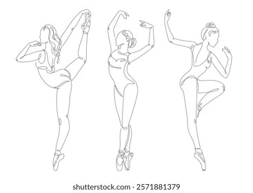 Minimalistic one-line drawings of ballerinas performing graceful standing poses, depicted on a white background with delicate continuous lines