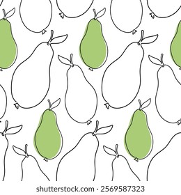 Minimalistic One-Line Pear Pattern with Green Accents on a White Background