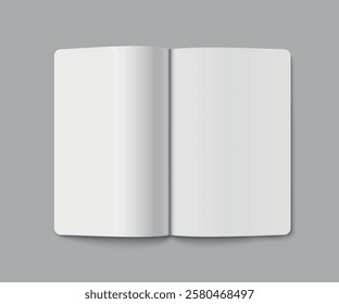 Minimalistic open notebook with blank white pages and rounded edges placed on a gray backdrop