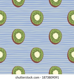 Minimalistic organic vitamin kiwi fruit green slices seamless pattern. Blue striped background. Designed for fabric design, textile print, wrapping, cover. Vector illustration.