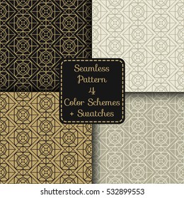 Minimalistic ornament seamless pattern, set with four color schemes. Endless editable background texture for wallpaper, wrapping, print and web. Vector illustration, swatches included in the file.
