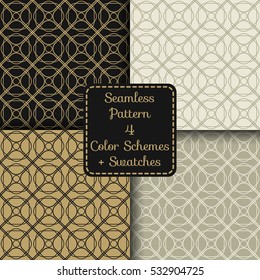 Minimalistic ornament seamless pattern, set with four color schemes. Endless editable background texture for wallpaper, wrapping, print and web. Vector illustration, swatches included in the file.