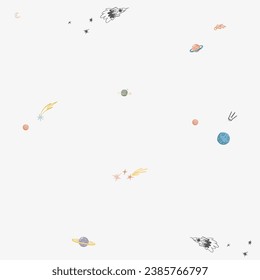 Minimalistic ornament, seamless pattern with vector hand drawn and with cosmos, space theme