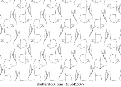 A minimalistic ornament with white origami hares on a white background. Line drawing. Vector image. Design. Strict style. Simple minimalistic stylisation. Easter theme. Manual work.