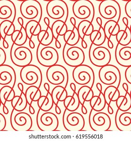 Minimalistic ornate decorative seamless pattern with red repeating traceries in monochrome style vector illustration