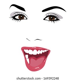 Minimalistic outline art of young happy beautiful woman smiling with open mouth. Easy editable layered vector illustration.