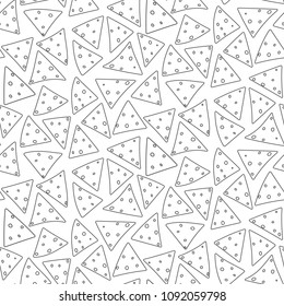 Minimalistic outline black nachos seamless pattern. Cute linear mexican fast food texture for textile, wallpaper, background, cover, banner, bar and cafe menu design