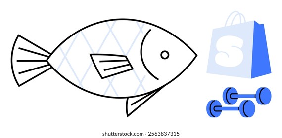 A minimalistic outline of a fish alongside a blue shopping bag marked with an S and two blue dumbbells. Ideal for health, fitness, shopping, nutrition, wellness themes. Simple line art style