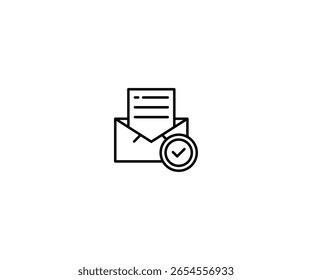 Ícone de contorno minimalista de um envelope de email com um documento dentro, indicando entrega ou confirmação bem-sucedida. Perfeito para ilustrar processos, notificações ou serviços de e-mail concluídos.