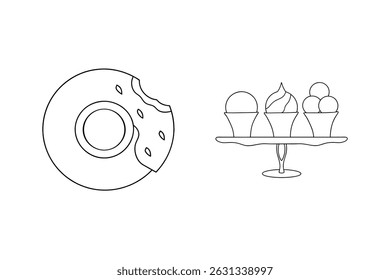Minimalistic outline illustration of a donut and variety of ice cream cones on a stand