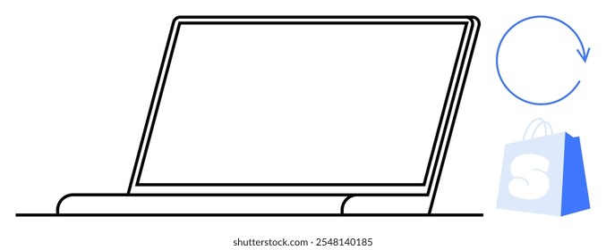 Esquema minimalista de una computadora portátil con una flecha circular adyacente y una bolsa de compras. Ideal para comercio electrónico, compras en línea, tecnología, marketing digital y presentaciones de negocios. Arte lineal simple