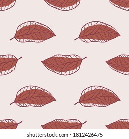 Minimalistic outline leaves seamless pattern. Maroon pale colored ornament on light background. Decorative backdrop for wallpaper, textile, wrapping paper, fabric print. Vector illustration.